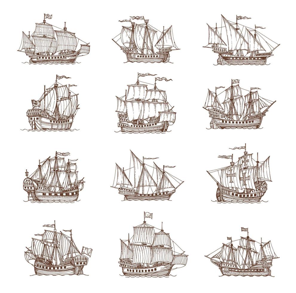 Sail ship, sailboat brigantine sketch or frigates vector