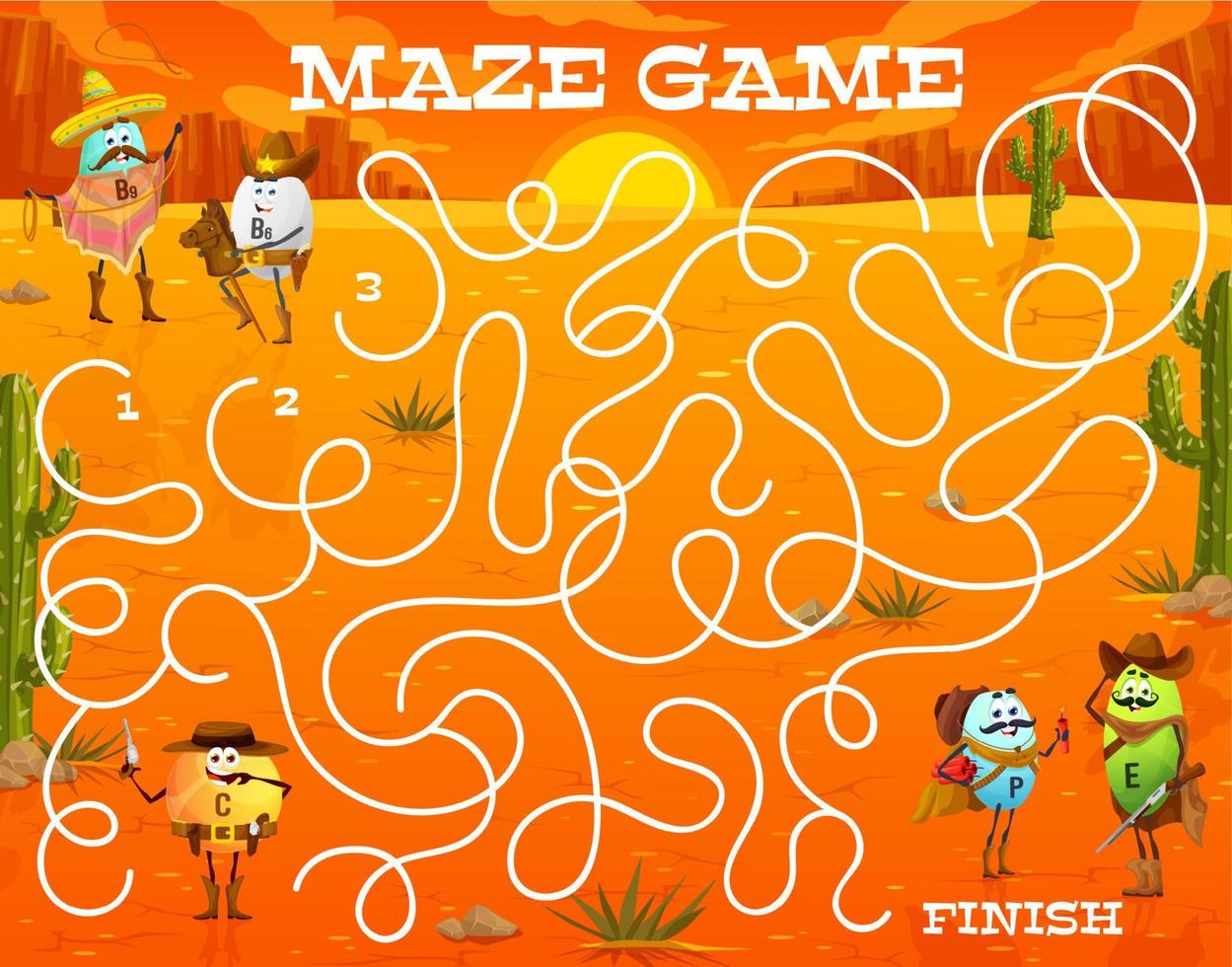 Labyrinth maze game, cartoon vitamins and sheriff vector