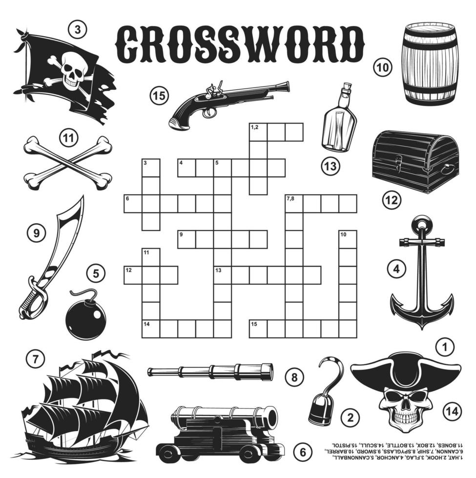 Pirate corsair objects, crossword grid, find word vector