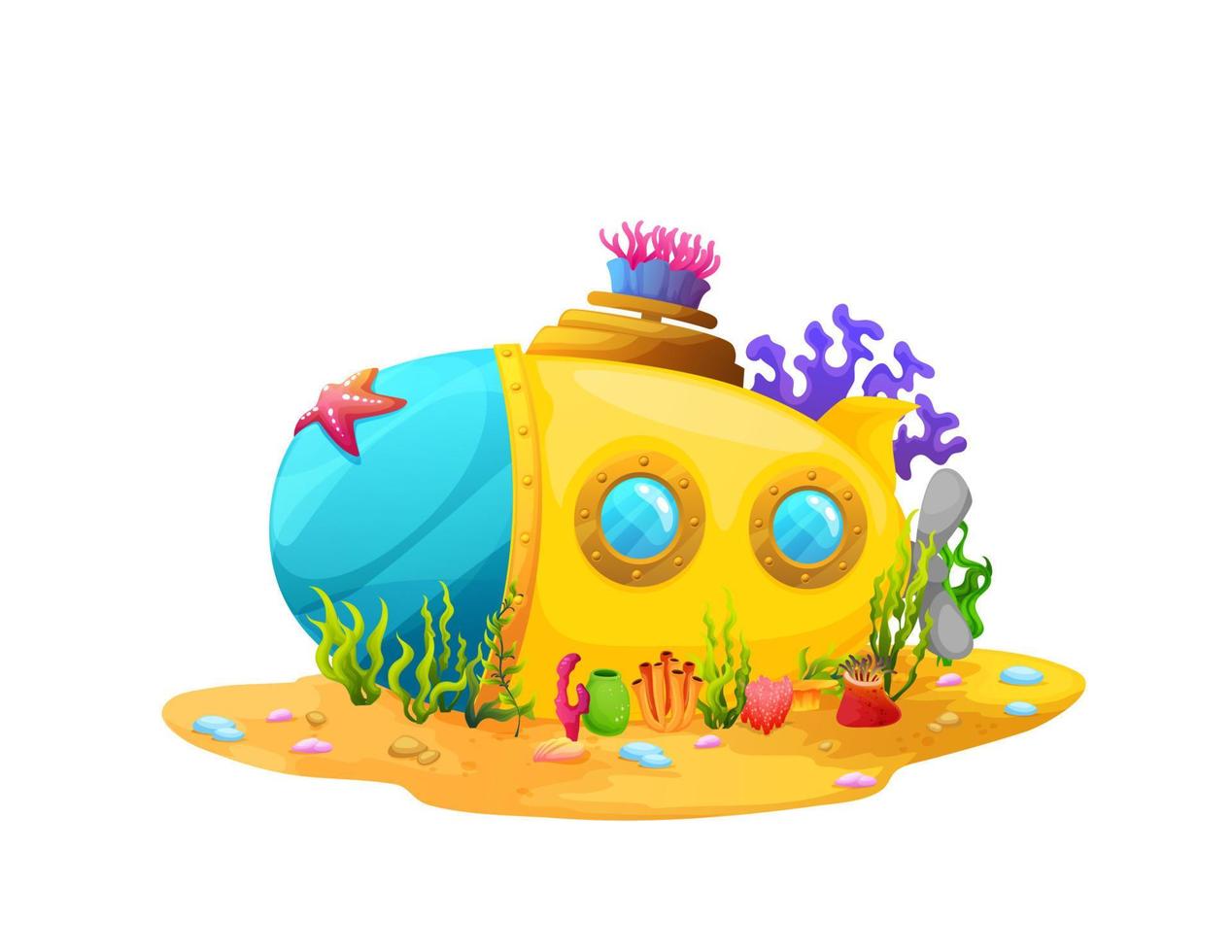 Cartoon submarine ship, sunken bathyscaphe house vector