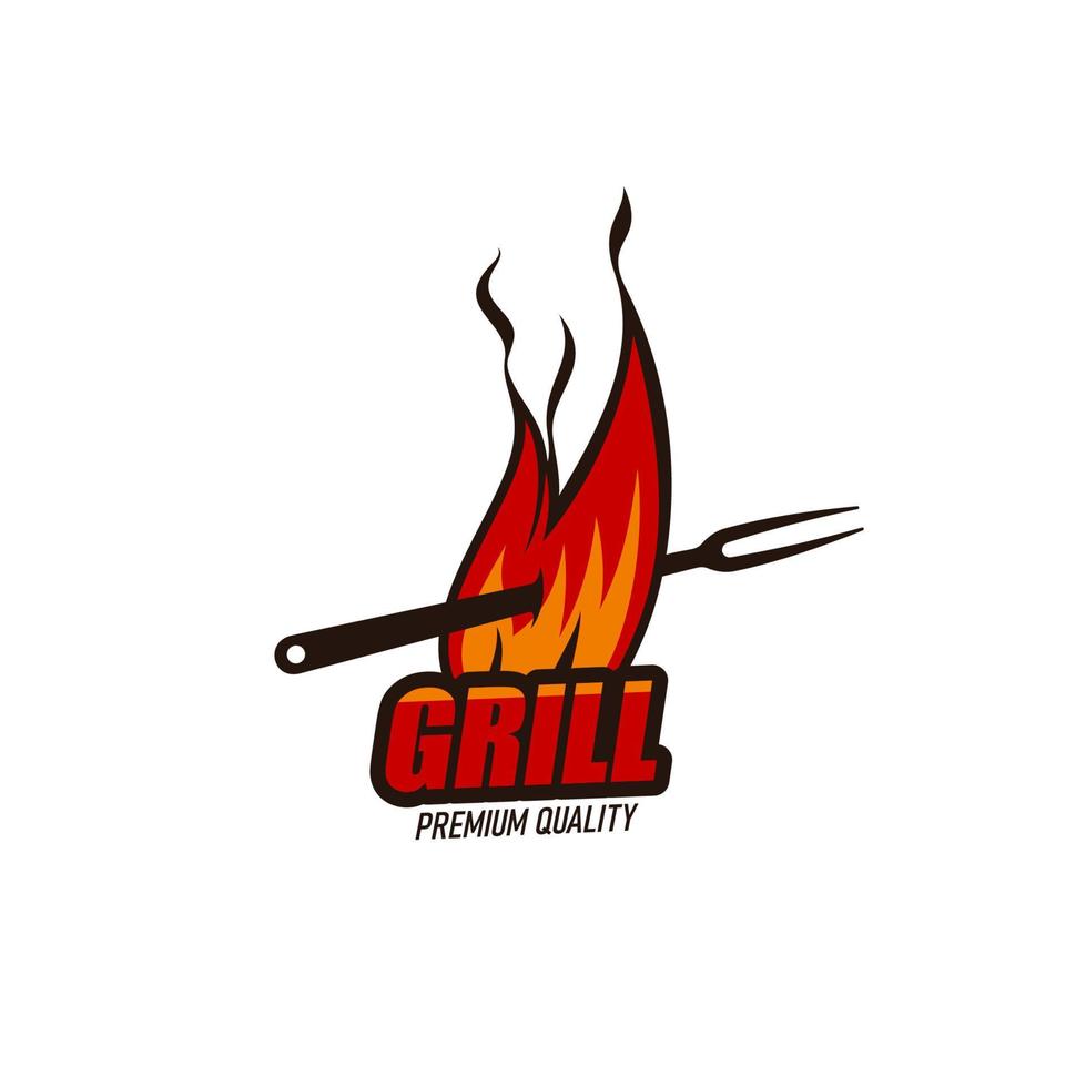 Grill BBQ restaurant icon, barbecue fire and fork vector