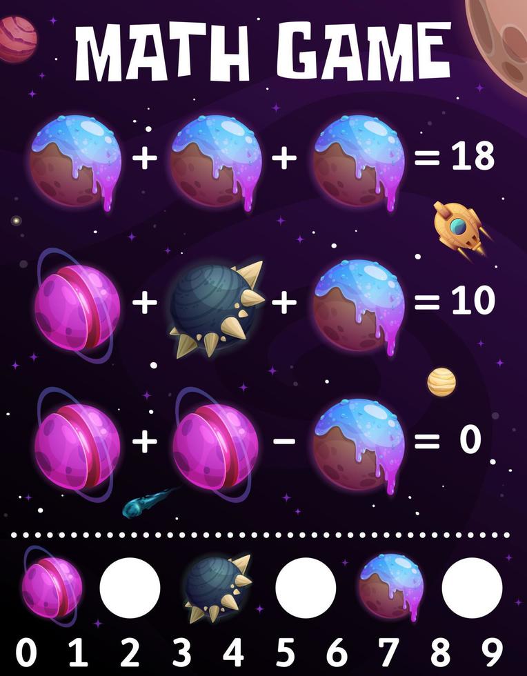 Cartoon space planets and galaxy stars math game vector