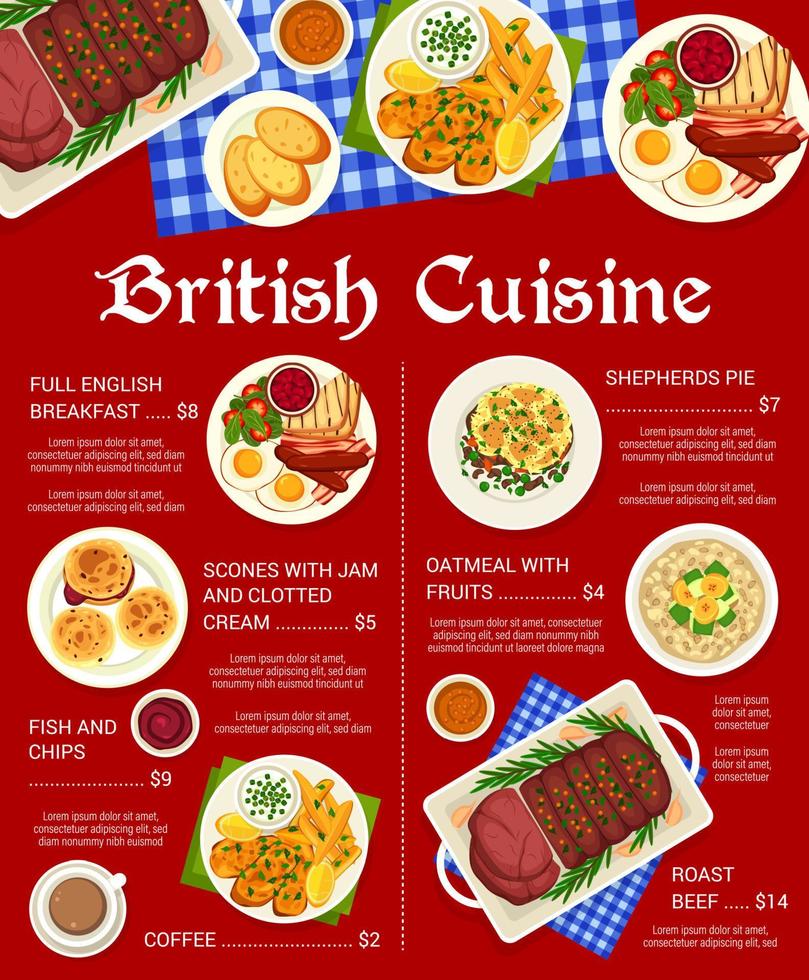 British cuisine food meals menu page template vector