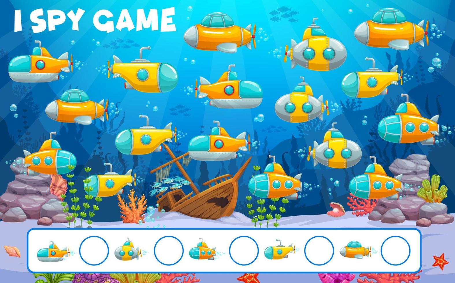 Cartoon underwater submarine and bathyscaphe i spy vector