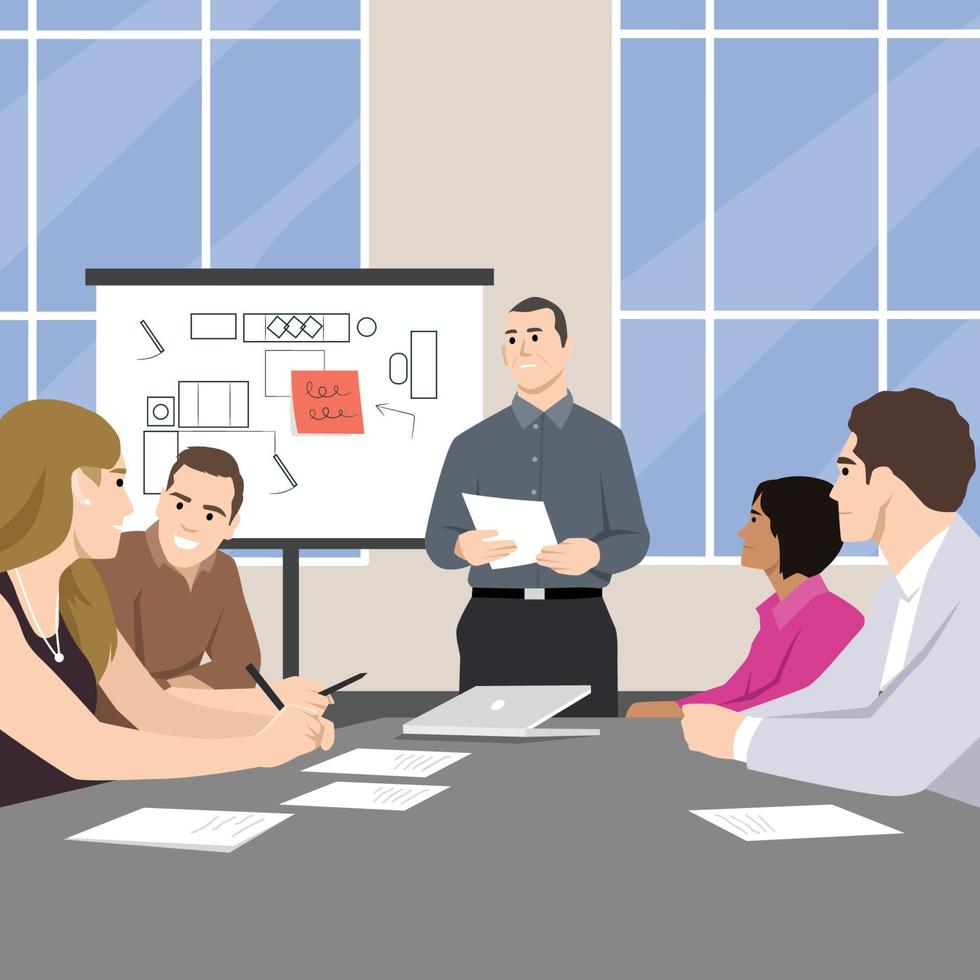 People meeting and sitting at workplace desk on presentation in office cabinet with big window. vector