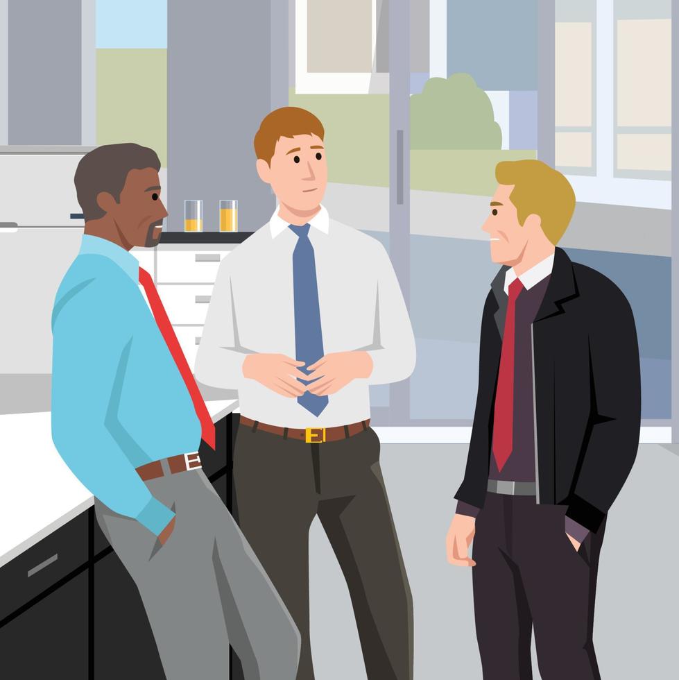Colleagues in office flat vector illustration. Coworkers relaxing, chatting cartoon characters. Corporate worker, business people communicate in the office kitchen