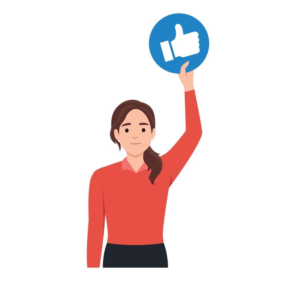 Young woman showing thumb up and like social network buttons around her. Woman with laptop and like social network buttons with thumb up. Flat vector illustration isolated on white background