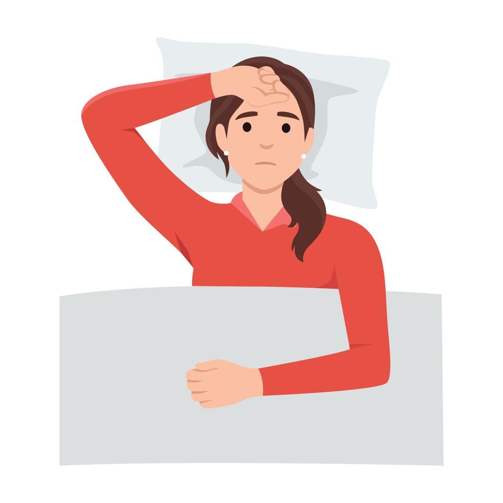 joven mujer sufre desde insomnio porque de mental problemas, insomne ideas niña acostado en cama, pensando acerca de fecha límite, trastornado evento, lata no relajarse. plano vector ilustración aislado en blanco