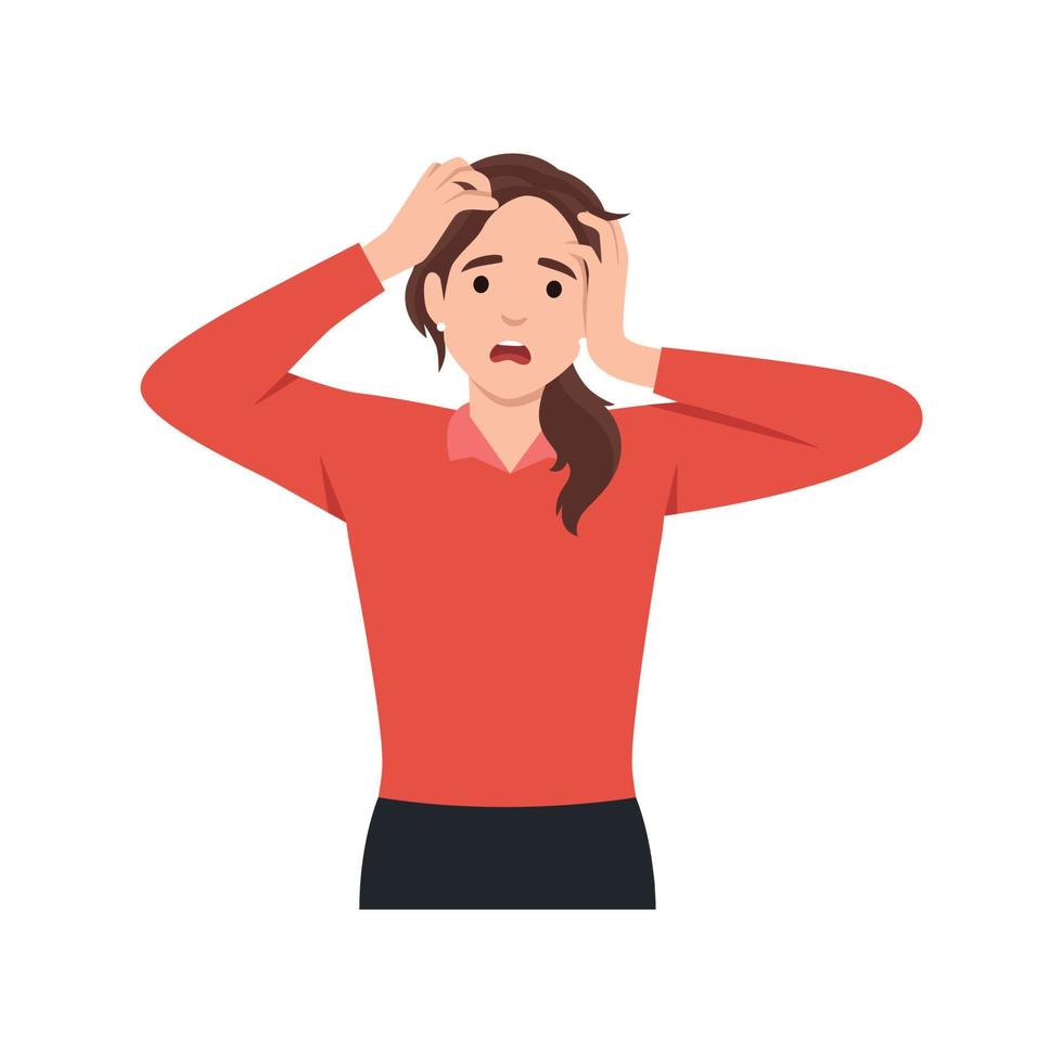 Frustrated young woman holding hands on her head. Scared or shocked girl's expression. Unhappy sad female person screaming. Emotional stress. vector