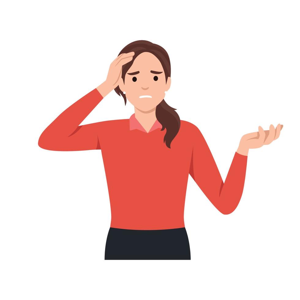 Forgetful woman holding hand to her head in flat design. Forgetfulness. Young female has memories problem. vector