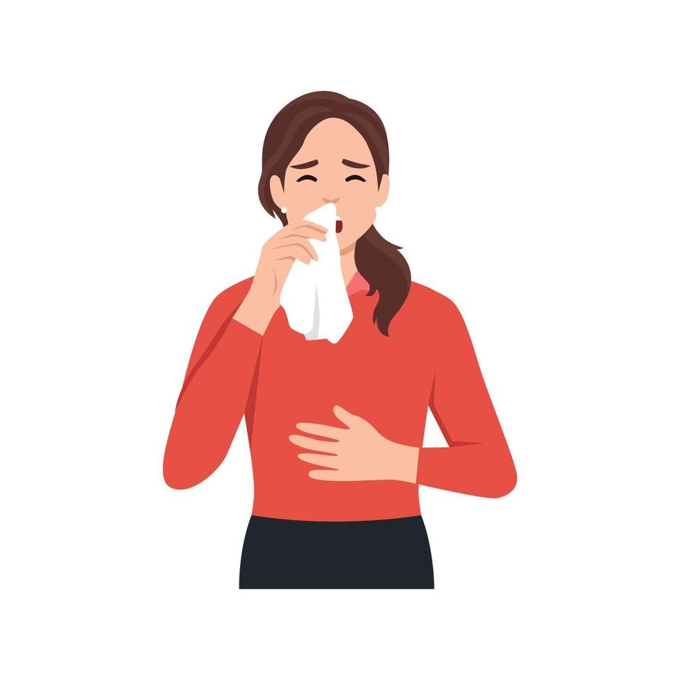 Vector flat young sick girl suffering from rhinitis, holding napkins, facial tissues, blowing her nose, sneezing