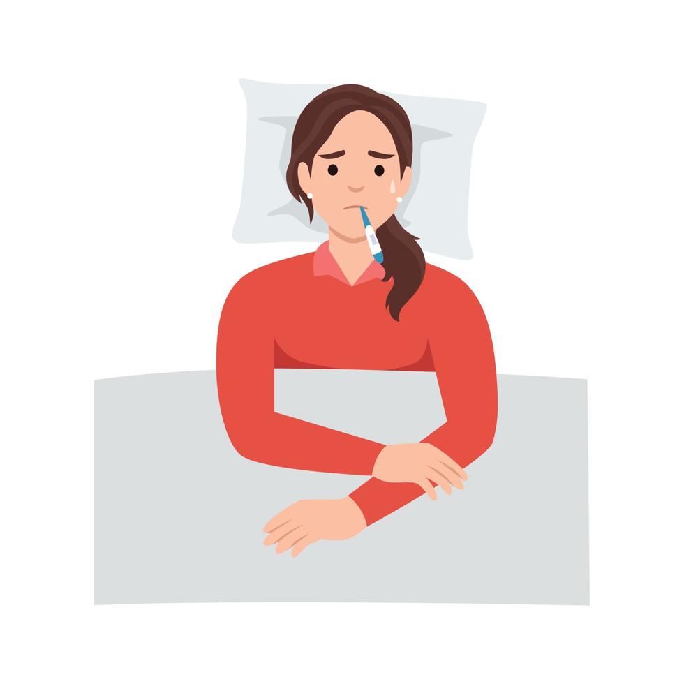Woman suffering from flu in bed under blanket. She has fever and take thermometer in mouth with tissue paper and medicine on bed. Flu or cold allergy symptom vector