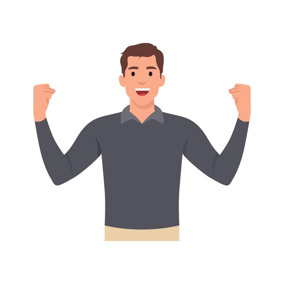 Young man winning at work. Businessman with strong emotions on his face. Fist up happy. vector