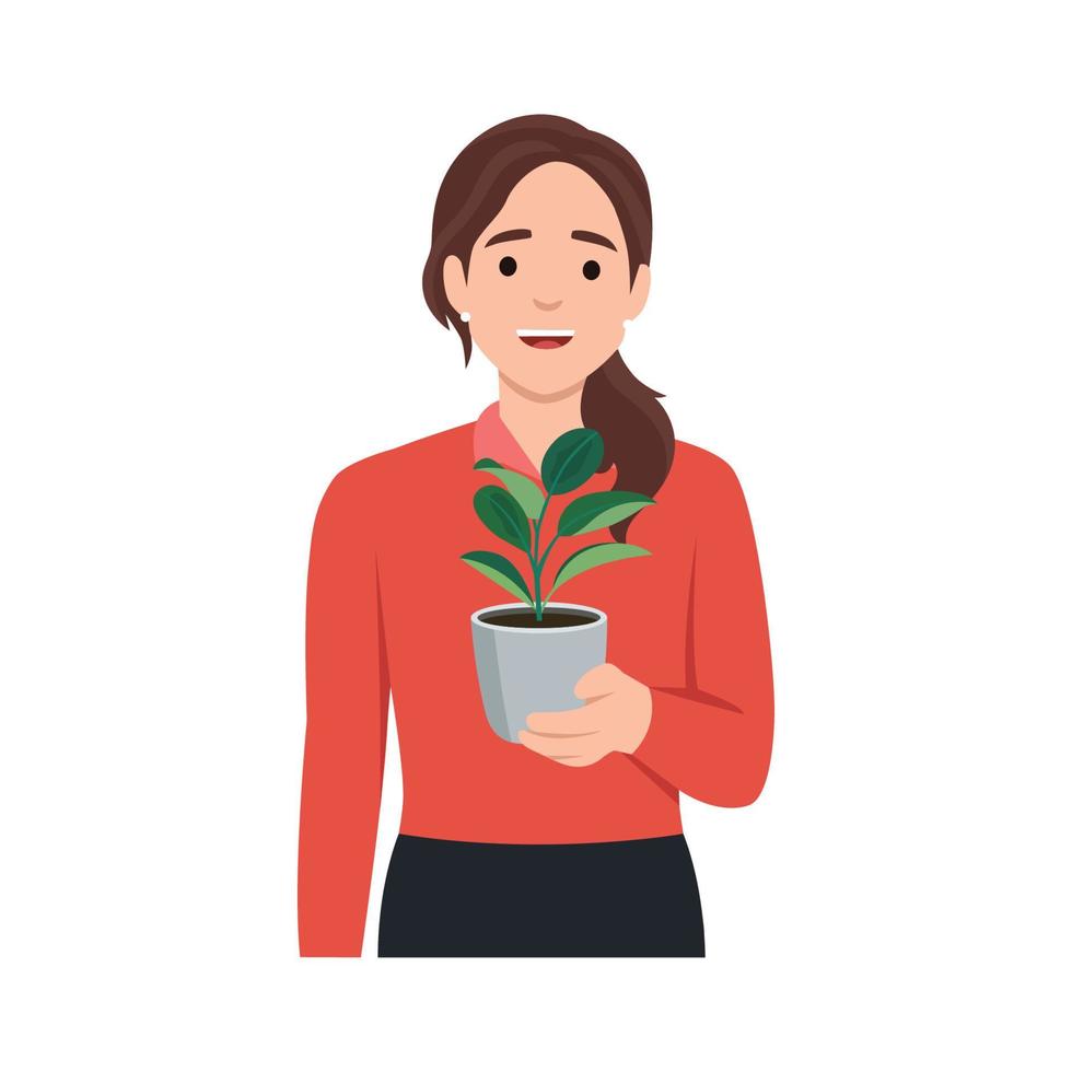 Young woman in cozy room holds pot with a plant in her hands. Concept of growing and caring house plants. Gardener takes care of the home garden vector