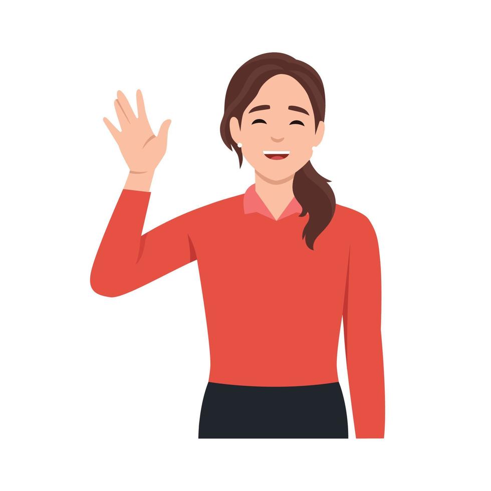 young good looking woman doing greet pose and say hiBasic RGB vector