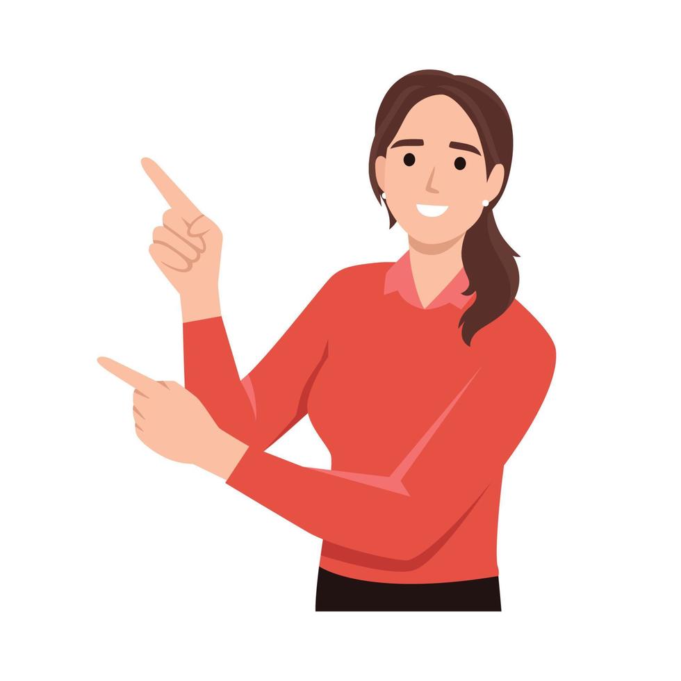 Woman hand pointing finger at left up corner with happy vector