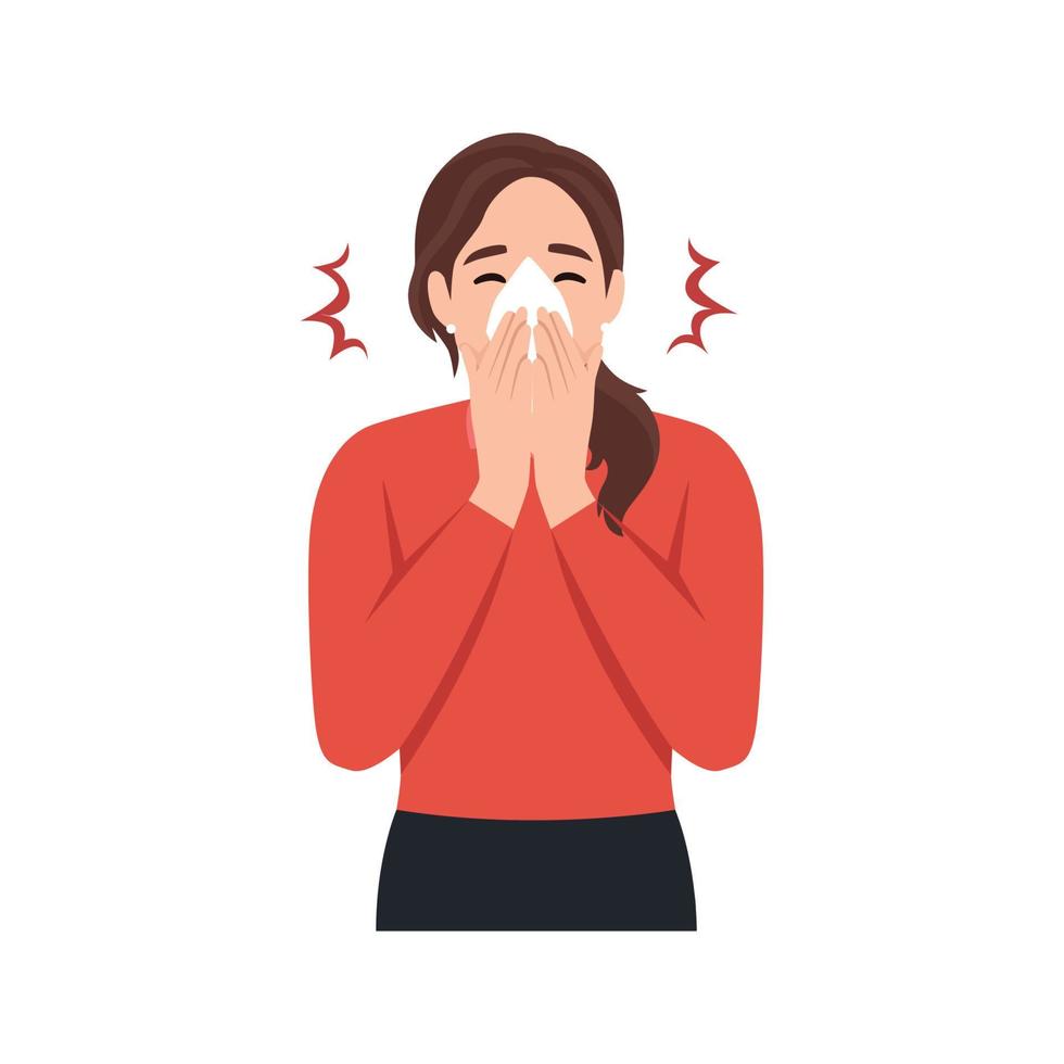 Female character sneezing, coughing in tissue. Prevention against virus, infection. Sick woman sneeze in handkerchief to prevent germs from flying from her mouth. vector
