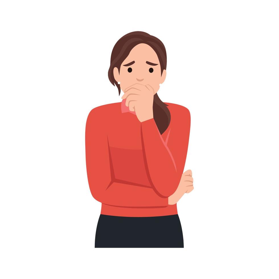 Untitled-1Feeling worried and frustration concept. Young irritated frustrated woman cartoon character standing touching chick vector