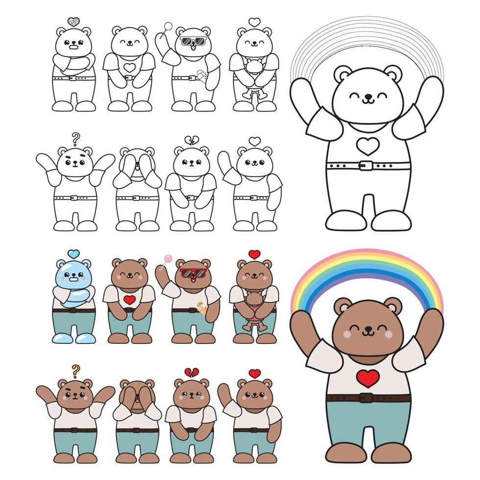 Cute bears for adults and children coloring book. vector