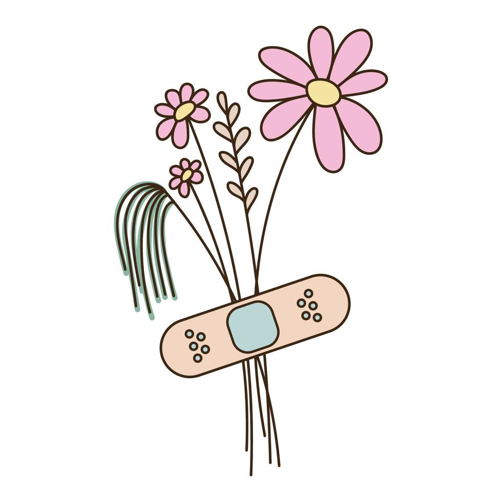 a bouquet of flowers glued with a medical band aid vector