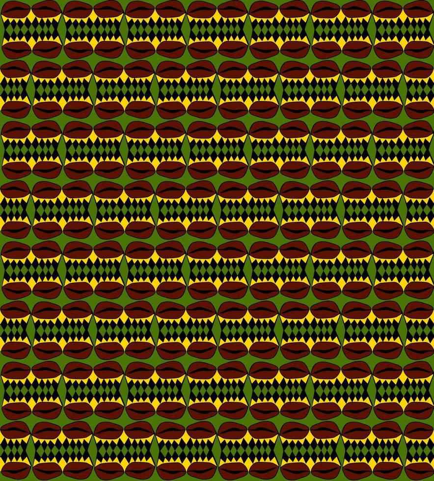 Coffee bean seamless pattern with ethnic motifs, rhombuses. Colorful vector background