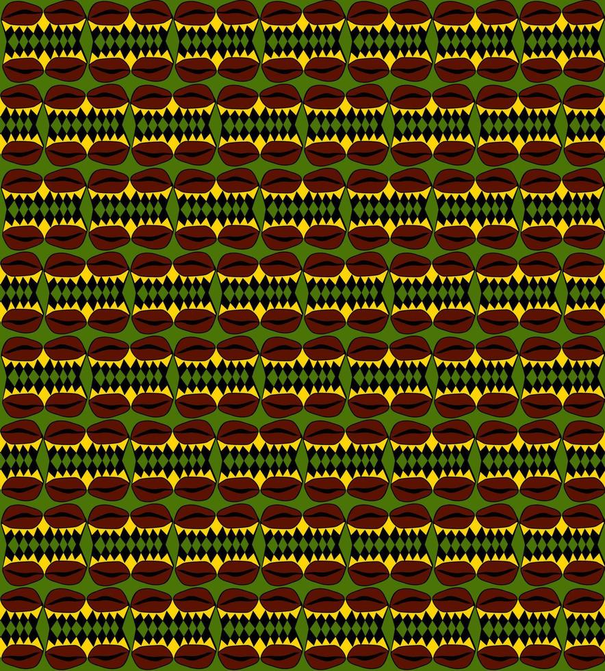 Coffee bean seamless pattern with ethnic motifs, rhombuses. Colorful vector background