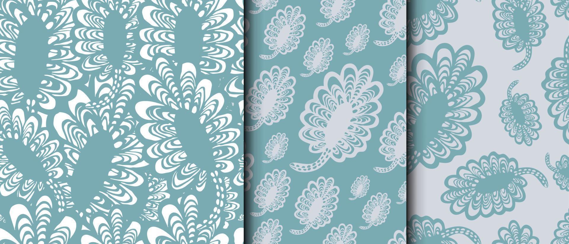 Set of decorative vintage floral patterns. Seamless vector texture in blue colors