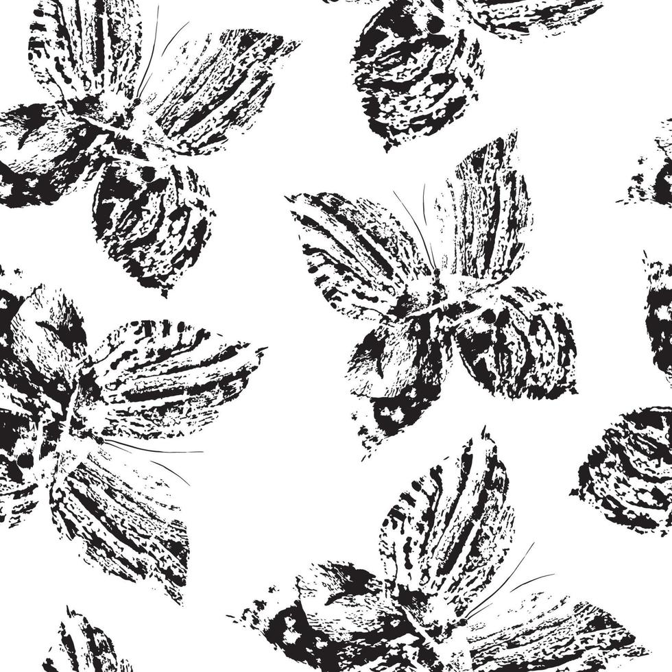 Seamless black and white pattern with hand drawn butterflies. Monotype effect vector