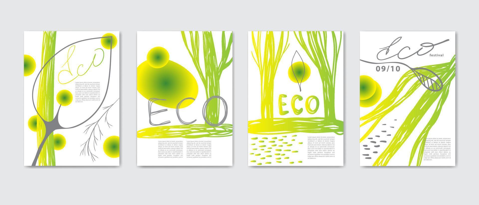Eco covers, templates set, posters in memphis and hipster style with geometric and nature elements. Vector illustrations