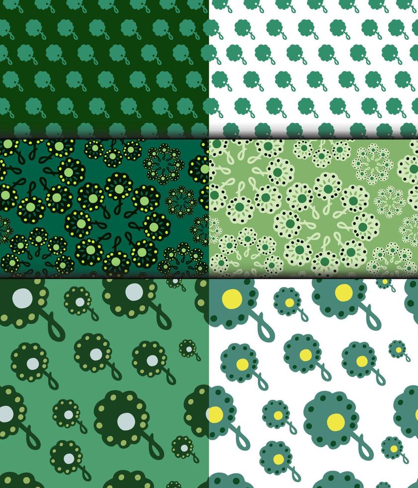 Set of floral eamless patterns. Textures with decorative green flower vector