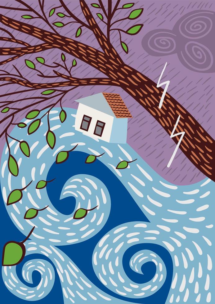 Tsunami hitting a city. Flood Disaster. Vector Illustration