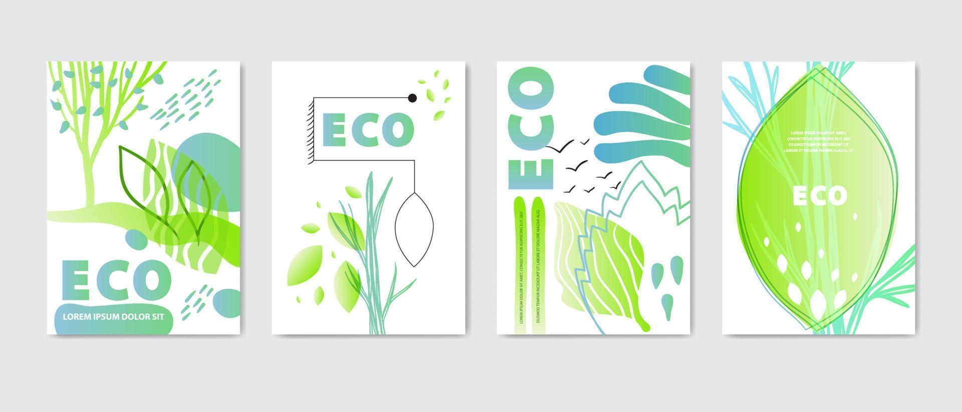 Eco covers, templates set, posters in memphis and hipster style with geometric and nature elements. Vector illustrations
