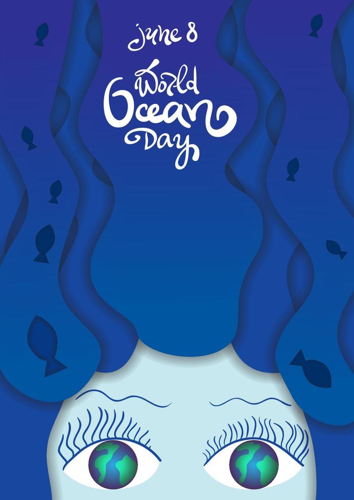 World ocean day poster. Oceans portrait concept. Hair from water. June 8 lettering. Paper cut out illustration vector