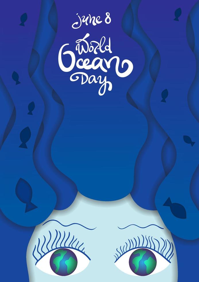 mundo Oceano día póster. océanos retrato concepto. pelo desde agua. junio 8 letras. papel cortar fuera ilustración vector