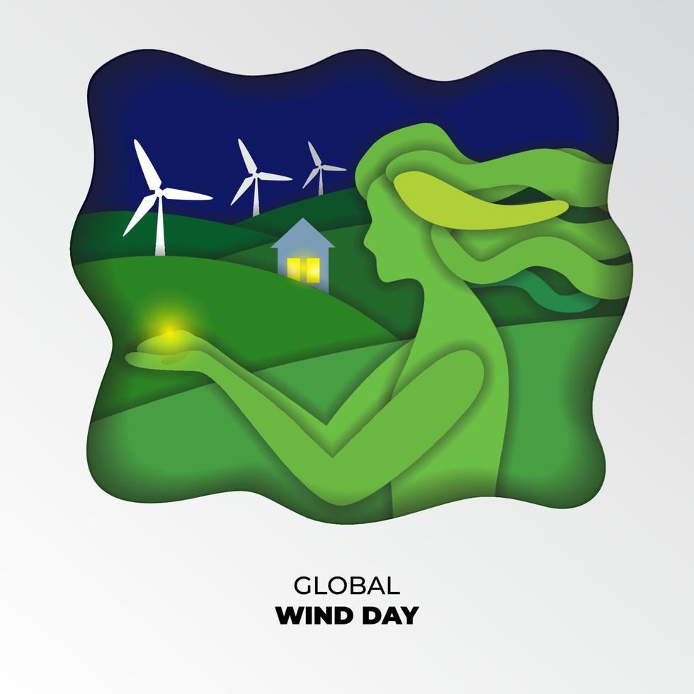 Global Wind day. 15 june. Vector Illustration with wind turbines in the field and mother of nature brings light. Paper cut out illustration