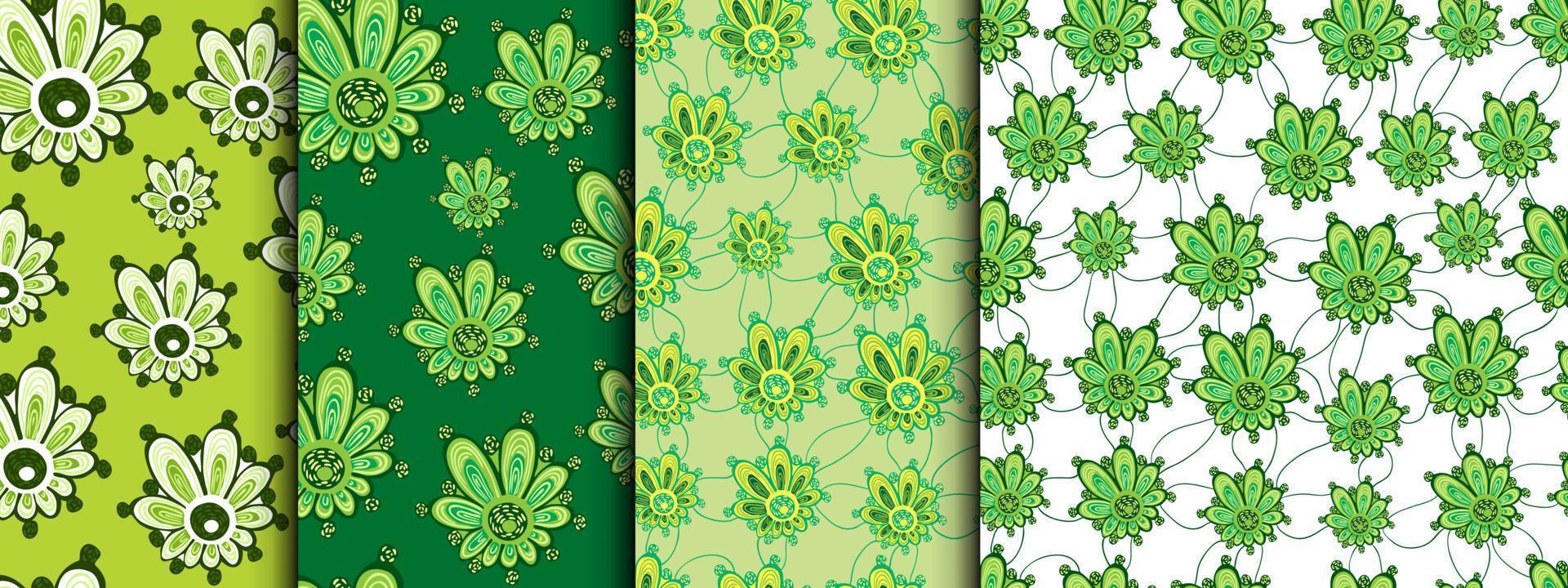 Set of 60s style decorative chamomile patterns. Endless retro texture. Lace. Green flowers vector