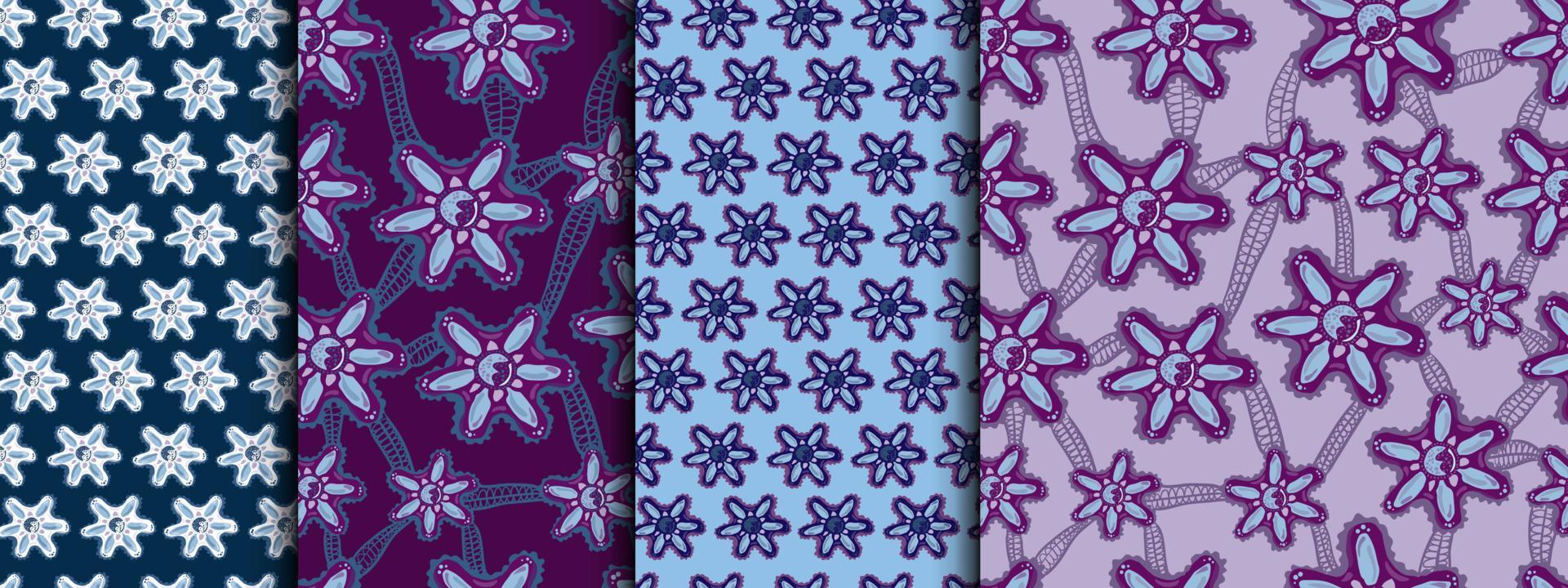 Set of 60s style decorative chamomile patterns. Endless retro texture. Lace. Purple flowers vector