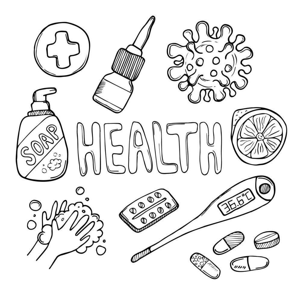 corona virus doodle drawing collection. covid-19 doodle vaccine element for infographic design. drawing book. elements such as covid-19, isolated over white background vector