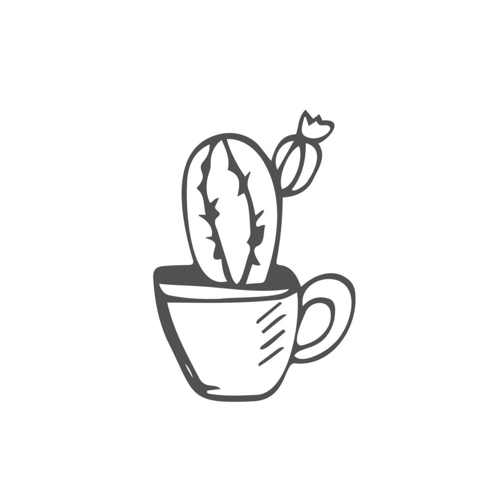 Cute cartoon cactus vector icon. Hand drawn black outline of succulent. Echinopsis in a pot. Doodle of a thorny plant. Cozy illustration with text on a white background. Botanical sketch.
