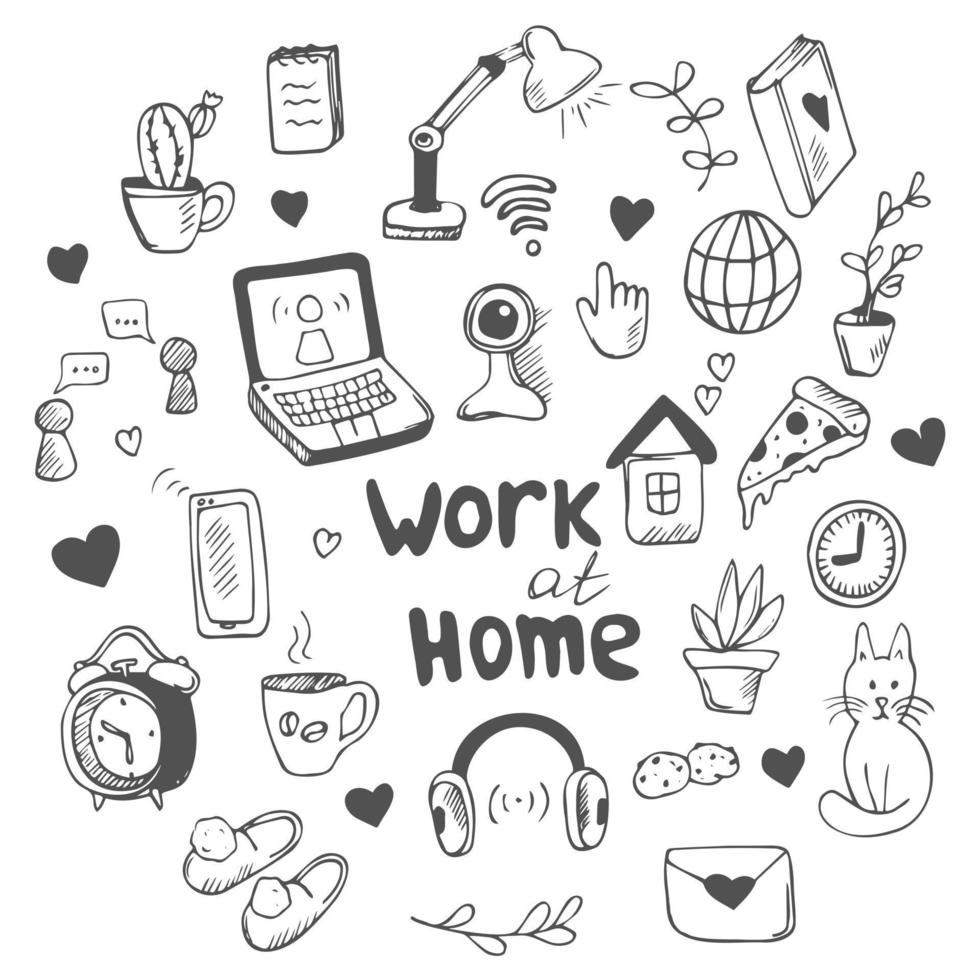 Doodle style vector set about working at home during the coronavirus pandemic, freelancing, and self-isolation. Home appliances for work-printer, monitor, phone, headphones and other items.