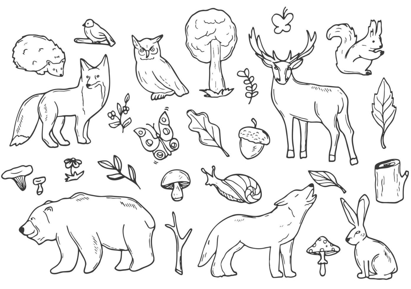 bosque animales bosque garabatear íconos bosquejo. mano dibujado diseño vector