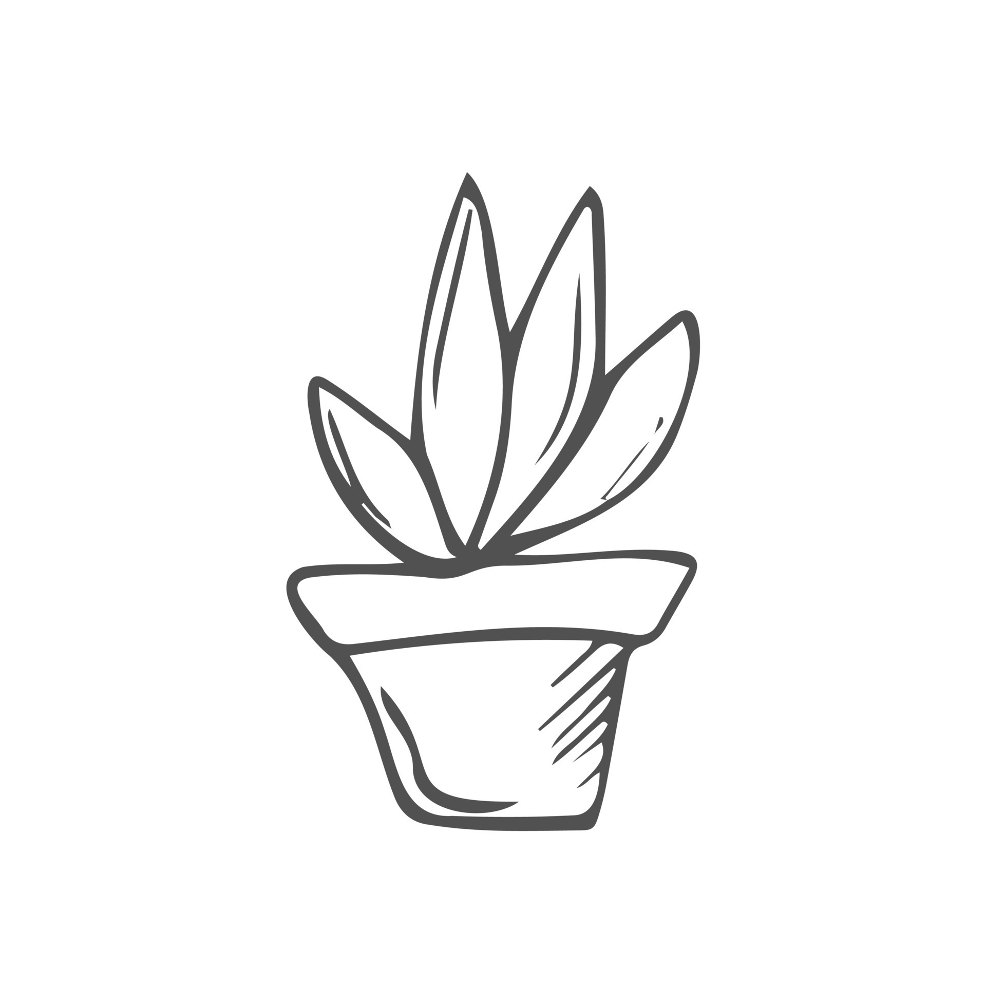 Flower pot with decorative grass, plant. Hand drawn simple black