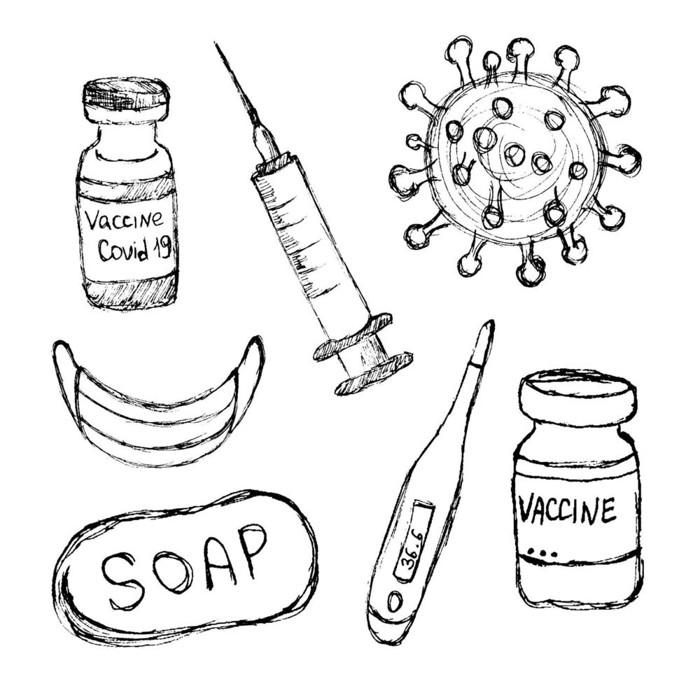hand drawn Simple Set of Vaccine Related Vector Line Icons in doodle style. isolated elements. Syringe, covid bacteria sign,soap,termometre,mask