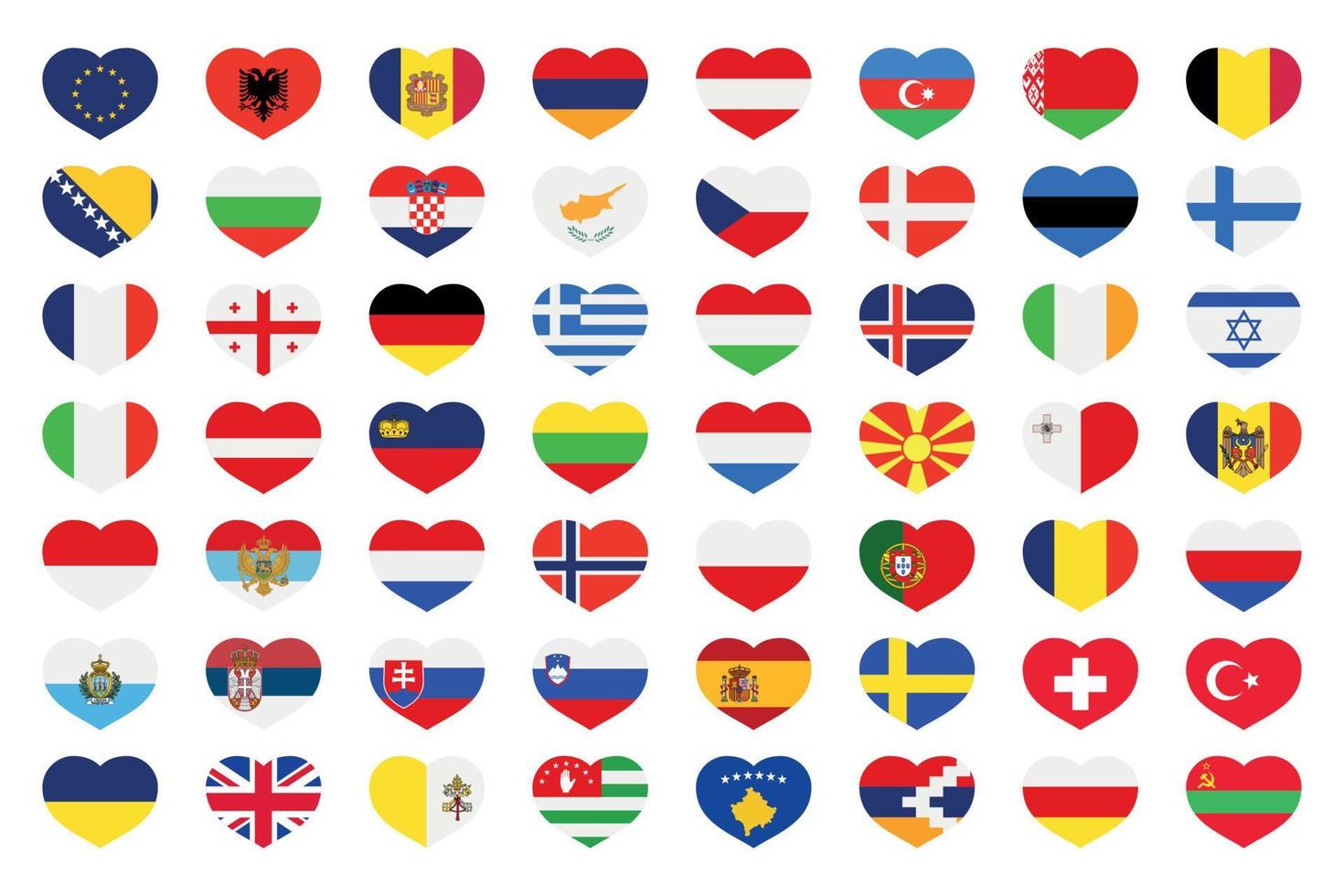 Set Of All Europe Flags In Hearts Shape vector