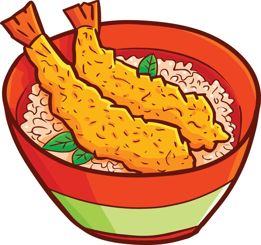 Yummy and funny tempura with rice in red bowl vector