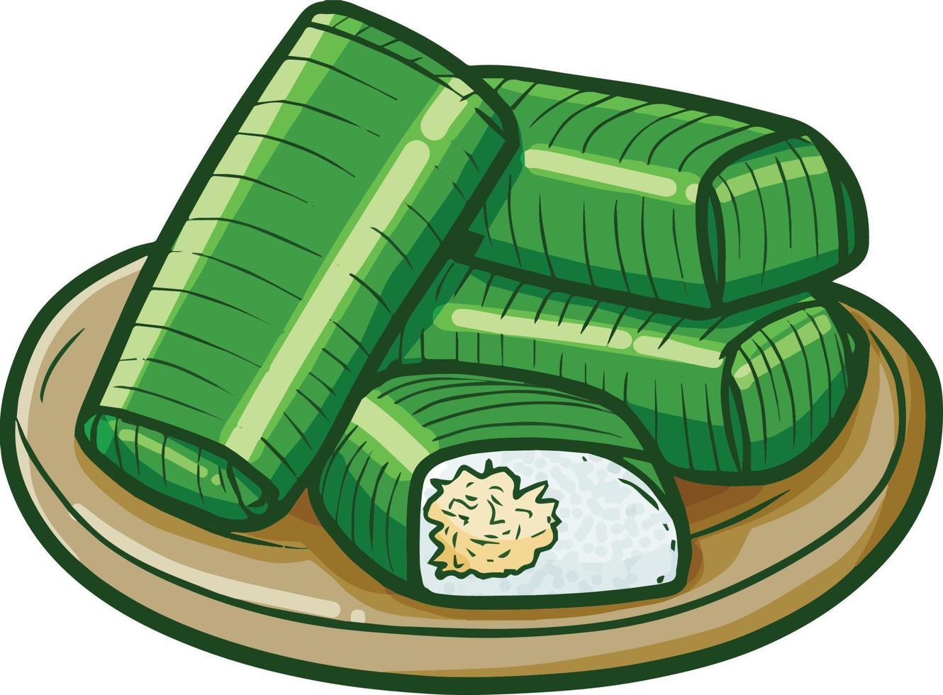 Funny and yummy Indonesian snack named Lemper, a cooked rice with chicken inside, wrapped with banana leaves vector