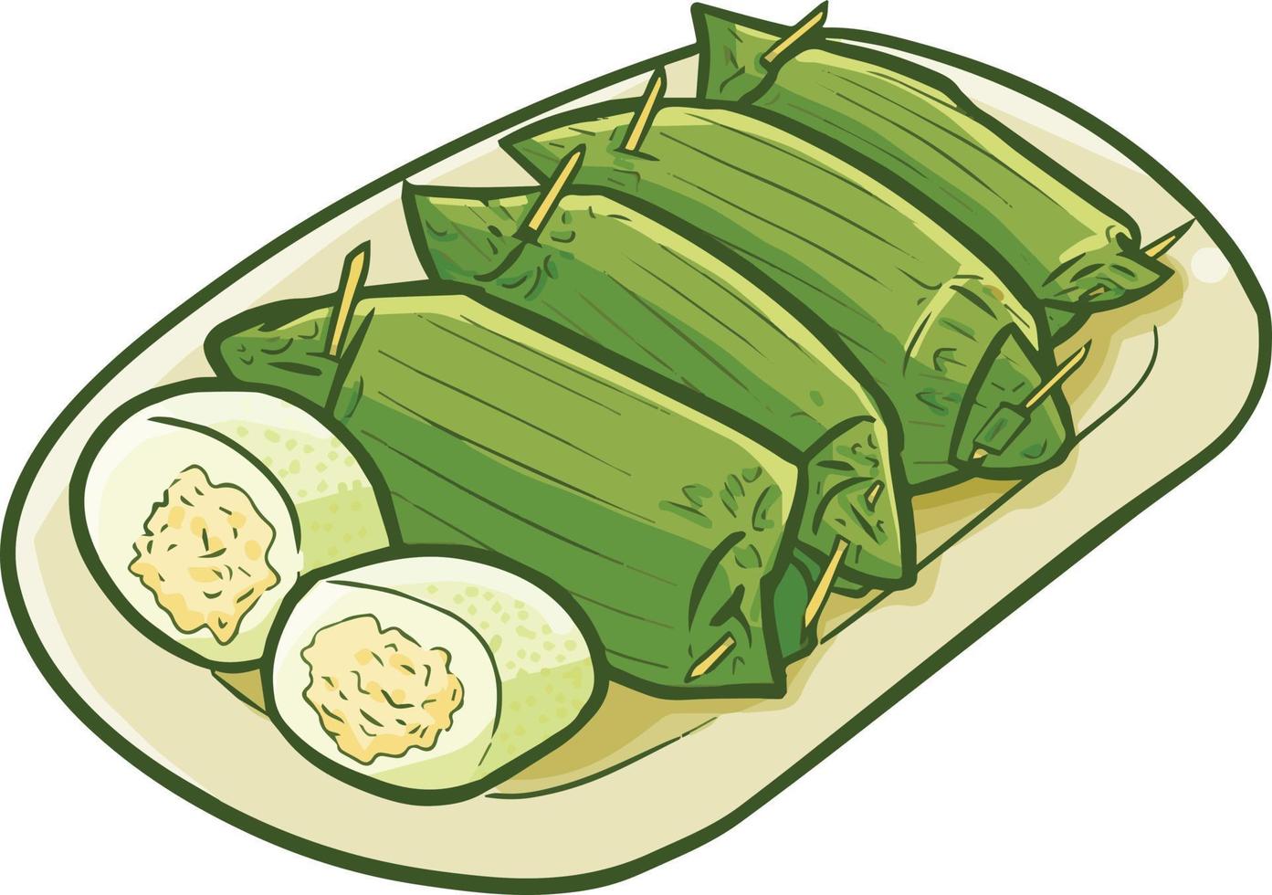 Funny and yummy Indonesian snack classic Lemper, a cooked rice with chicken inside, wrapped with banana leaves vector