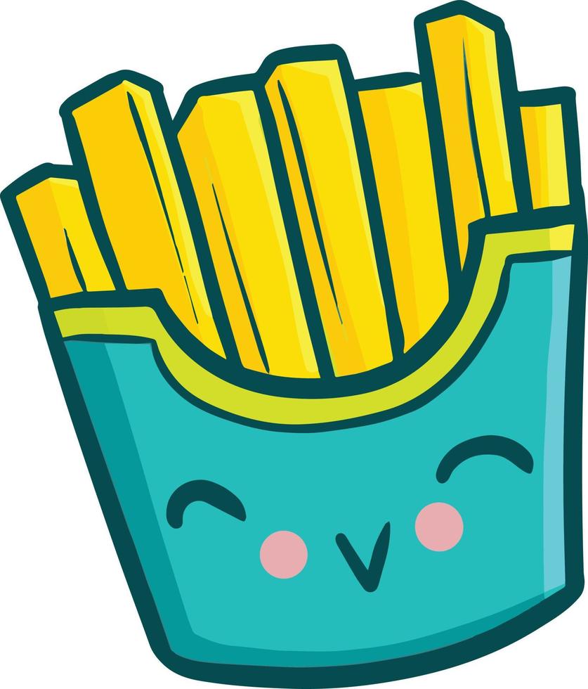 Funny and cute fried fries with green blue packaging vector