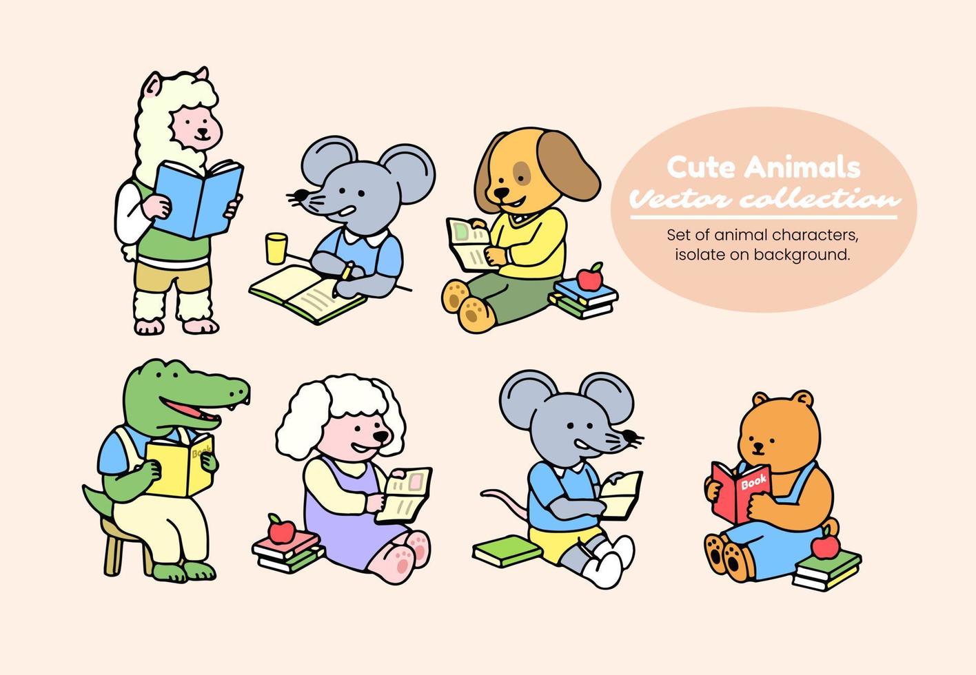 A set of cute animals reading a book, including alpaca, dog, mice, crocodile, and bear, isolated on a background vector illustration.