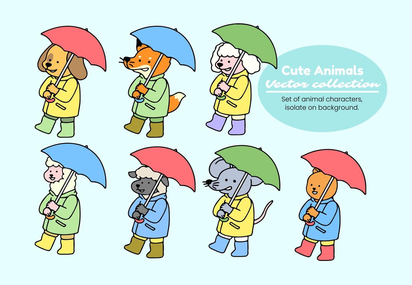 A set of cute animal in raincoats and holding umbrellas, isolated on a background vector illustration.